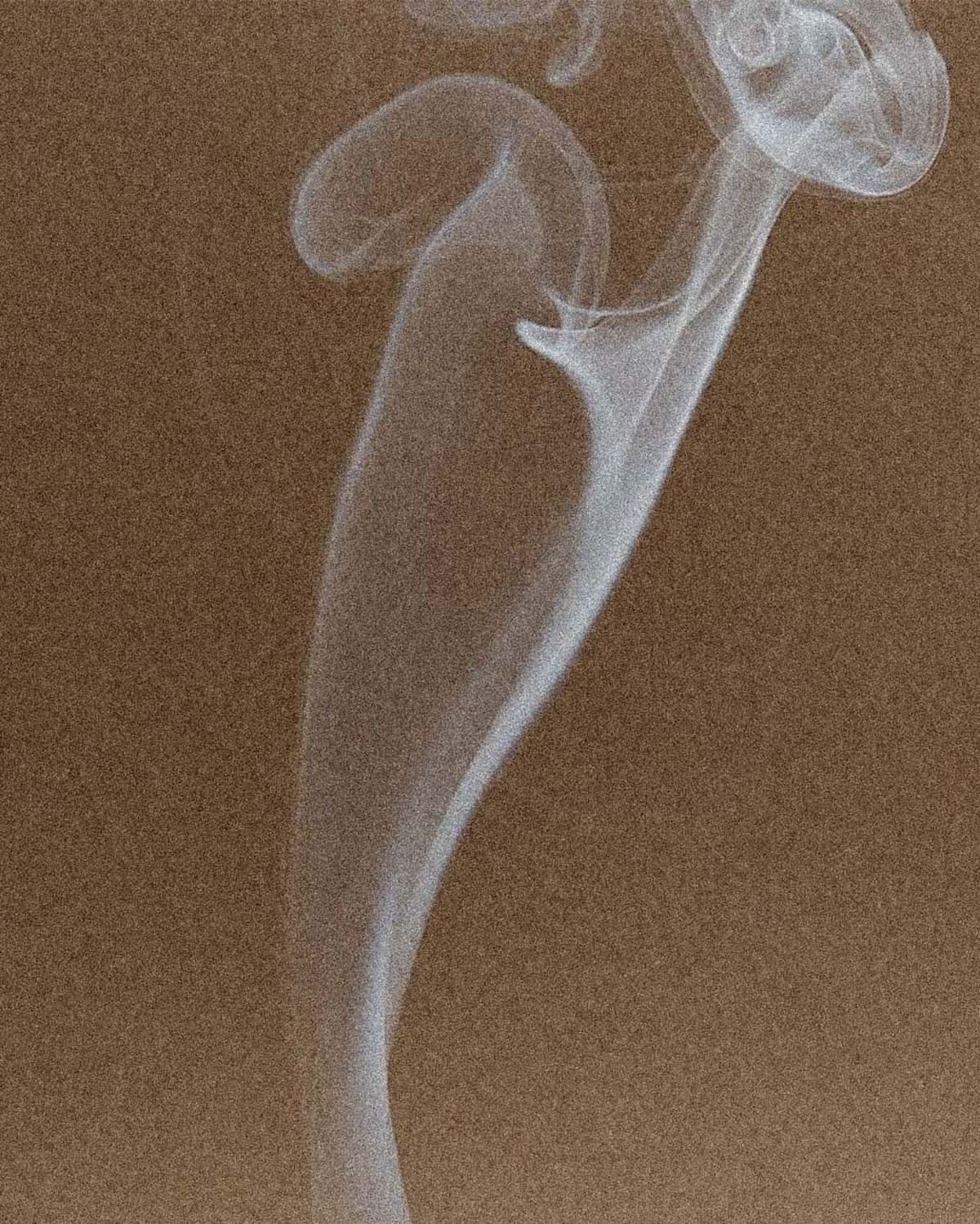 A single thread of white smoke rising and curling against warm brown